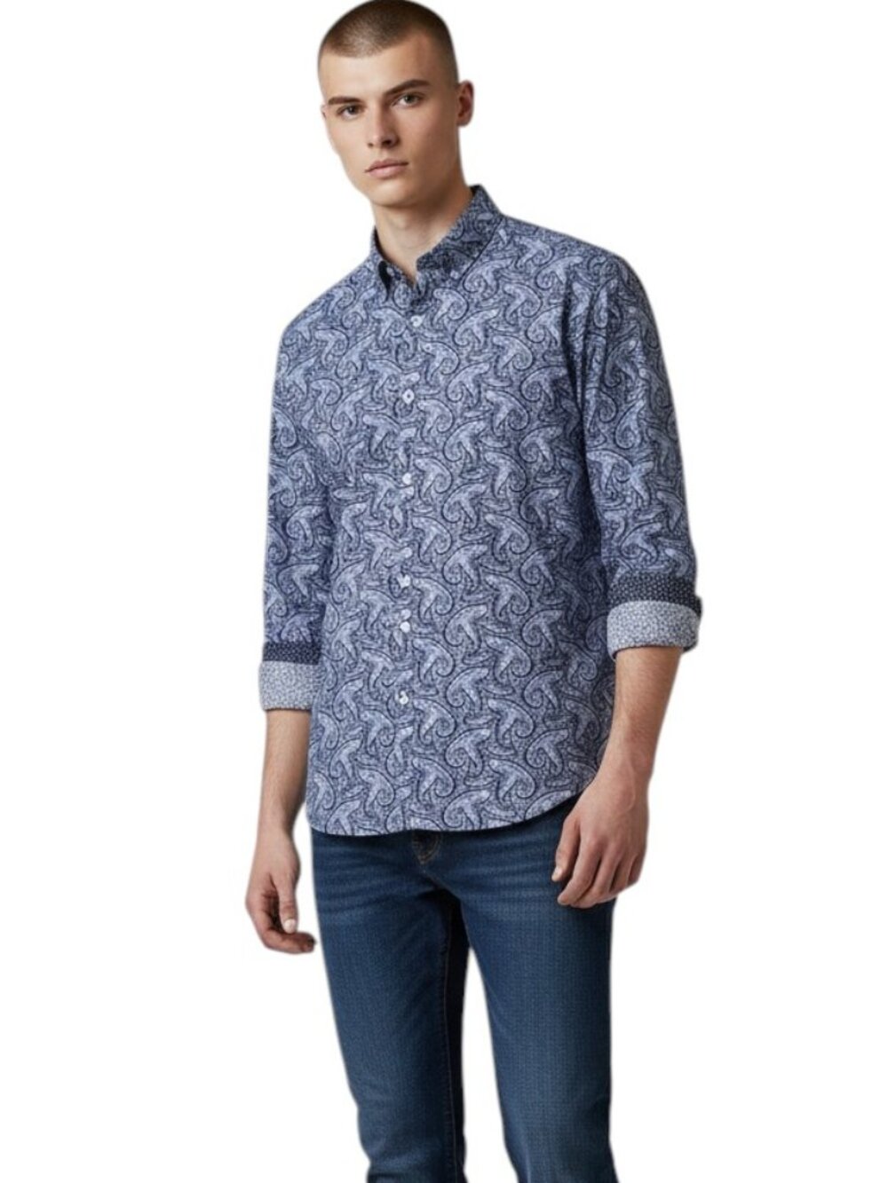 Bugatchi Uomo Mens Medium Button Up Shirt Blue Paisley Print Cotton Long Sleeve